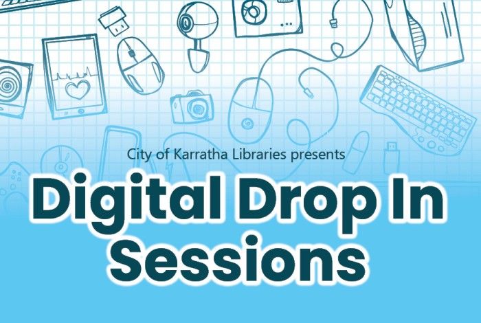 blue background with pencil drawings of digital devices with words Digital Drop in sessions